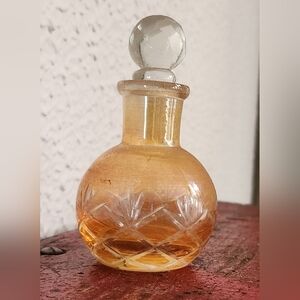 Vintage Amber Etched glass perfume bottle With Topper ~3.25"